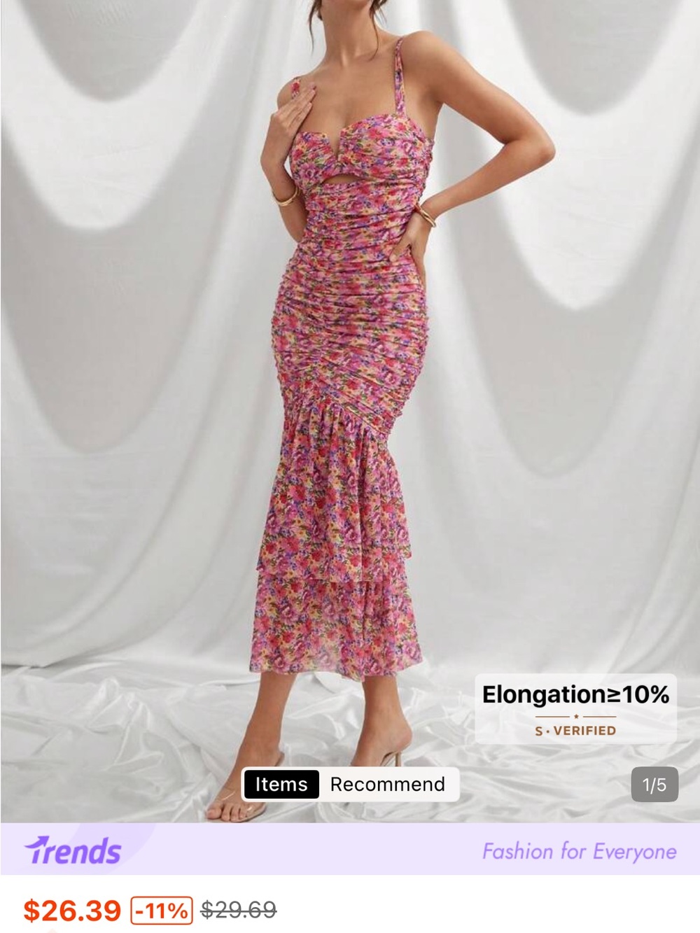 SHEIN Pink Floral Ruched Mermaid Midi Dress